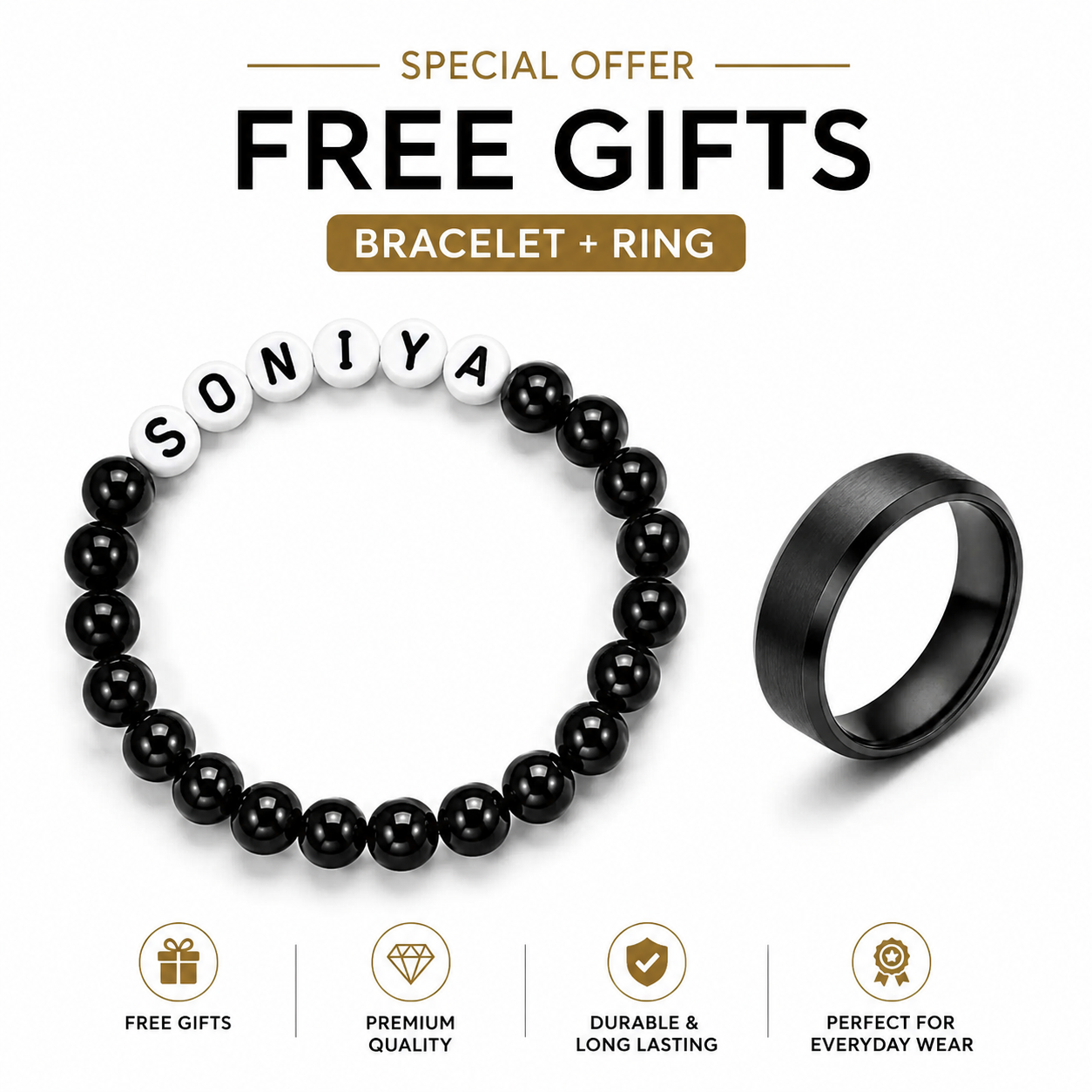 Premium name Bracelet + Black Ring